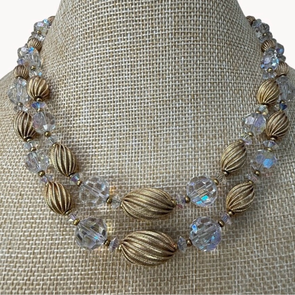 1960s Vintage Lisner Double Strand Necklace With Crystals Gold Toned Beads 25$